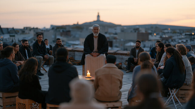 Roma community elder facilitating a makeshift grief circle on a neighborhood rooftop, autumn dusk settling over urban rooflines, participants of various ages seated on crates and