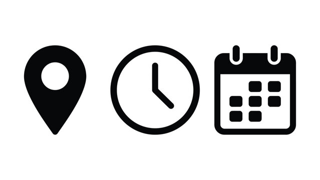  Calendar, clock, and location pin icons. Time, date, and address icon vector set for events, banner, poster, meeting, agenda, invitation and business cards
