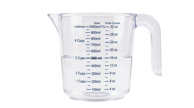 Plastic measuring jug with volume markings, isolated on transparent background