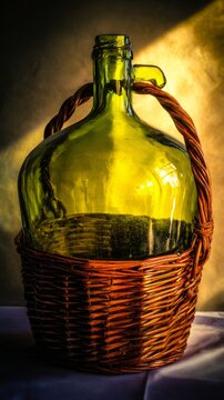 Glass carboy in wicker basket, traditional home beverage vessel.
