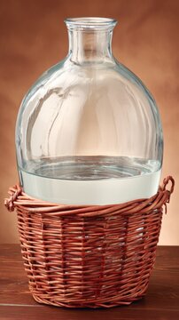 Glass carboy in wicker basket, traditional home beverage vessel.
