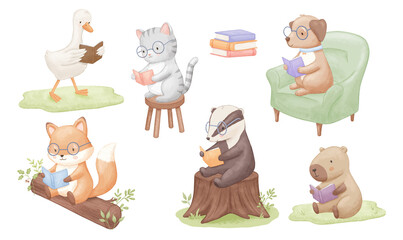 Cute animals with glasses is sitting and reading book on chair, grass, armchair and tree stump. Watercolour illustration isolated on white background, capybara and fox