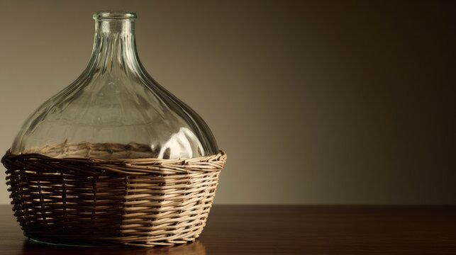 Glass carboy in wicker basket, traditional home beverage vessel.
