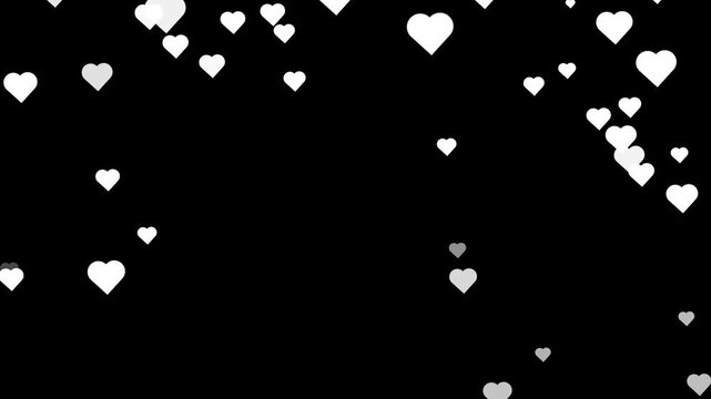 Minimalist animation of white hearts softly floating over black background. Floating white hearts animation against a black background.