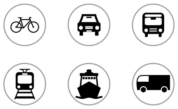 6 Verkehrsmittel Icons schwarz grau