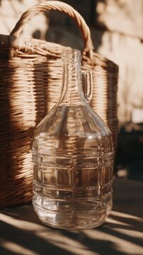 Glass carboy in wicker basket, traditional home beverage vessel.
