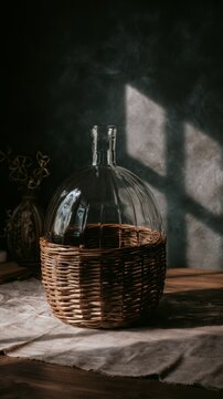 Glass carboy in wicker basket, traditional home beverage vessel.
