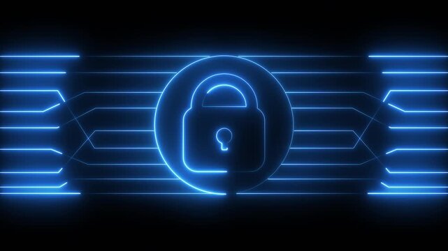 Blue Neon Padlock and Circuitry Graphics on Dark Background glow. High-tech glowing green padlock with circuit graphics, showcasing secure systems and cyber protection.