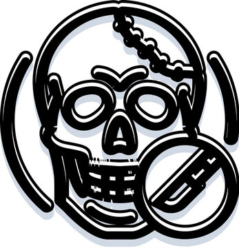 Human skull icon with visible cranial sutures and a prohibitory sign over a surgical scalpel, illustrating a medical restriction or contraindication in healthcare settings