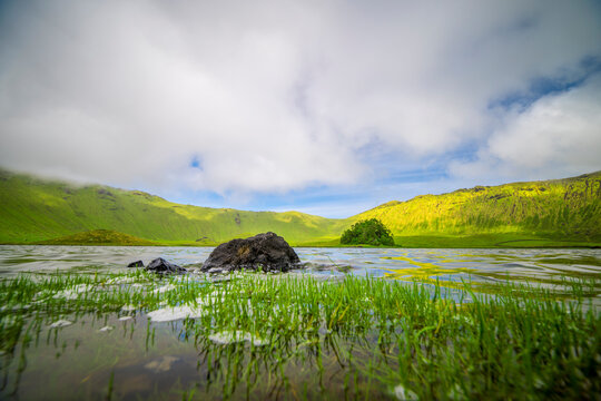 View at the caldeira of Corvo Island, Azores, the remnants of the last Plinian eruption on the island