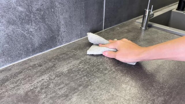 A close-up view of a person's hand using a grey rag to wipe and clean a dark grey stone-textured kitchen countertop next to a tiled backsplash wall