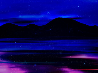 Fototapeta premium Dreamy night landscape with mountain silhouettes reflected in calm water under a starry sky. Atmospheric digital illustration in deep blue and purple tones with cosmic mood and tranquil scenery.