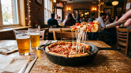 Hand taking a slice of Authentic Chicago Deep Dish Pizza with Stretching Mozzarella Cheese in Restaurant © olindana