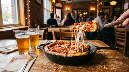 Hand taking a slice of Authentic Chicago Deep Dish Pizza with Stretching Mozzarella Cheese in Restaurant © olindana