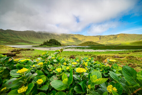 View at the caldeira of Corvo Island, Azores, the remnants of the last Plinian eruption on the island
