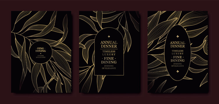 Luxury gala invite, floral background with elegant golden on black line flowers, leaves, art deco ornament, Japanese and Chinese design. Funeral cards, packaging, labels, greeting, spa branding, tea