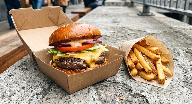 Beef burger with melted cheese and french fry in cardboard packaging on concrete surface. Takeaway fast food meal outdoors. Delicious classic cheeseburger with vegetable and sauce garnish.