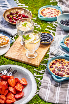 Delicious summer picnic spread with fresh fruits and baked treats on green grass