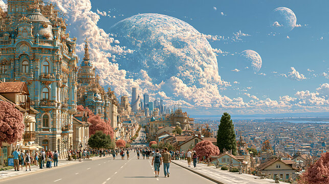 dreamlike european street with floating architecture, split reality european city under giant moons, impossible urban landscape with surreal skies