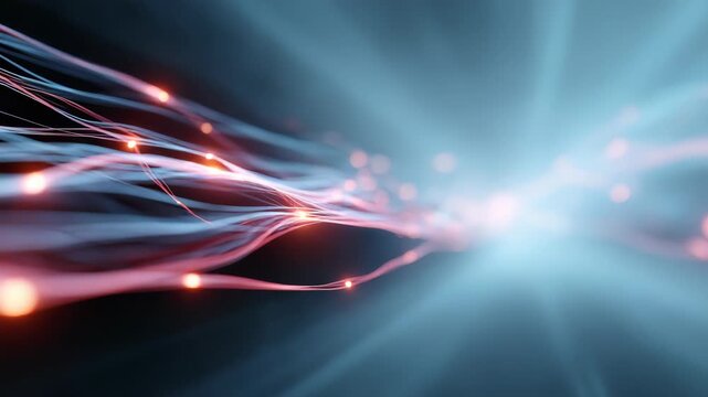Bright red and blue light trails merge in a seamless abstract composition, evoking innovation and high speed data transfer. Modern digital art symbolizes connectivity and futuristic technology