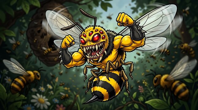 Muscular monster bee with sharp teeth and many eyes illustration
