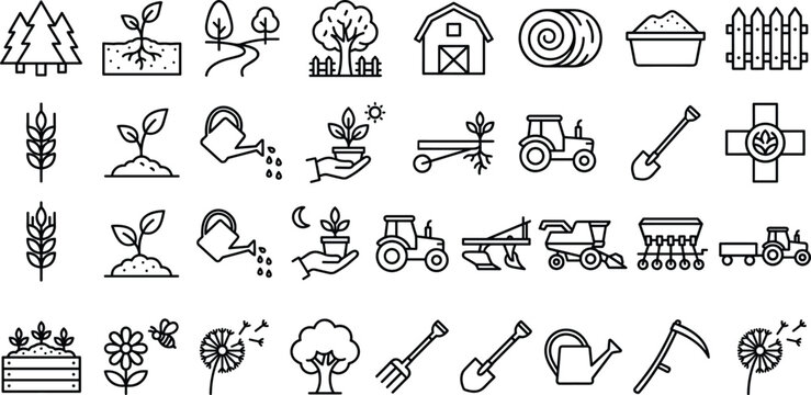 Comprehensive agriculture and organic gardening line icon pack featuring farming tools tractor barn and crops,