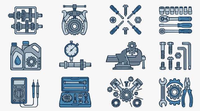 Collection of mechanical and automotive tools and equipment icons.