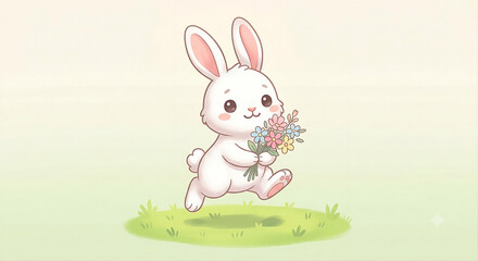 Fototapeta premium A cute white rabbit with long ears, hopping lightly across green grass; cute chibi style, soft bright colors, subtle shading, plain background, free of distracting elements.