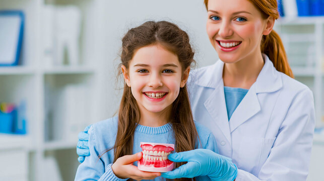 A smiling girl in a dentist's office holds a dental model of a jaw, a friendly dentist is standing next to her. The concept of children's dentistry, dental care and caries prevention.