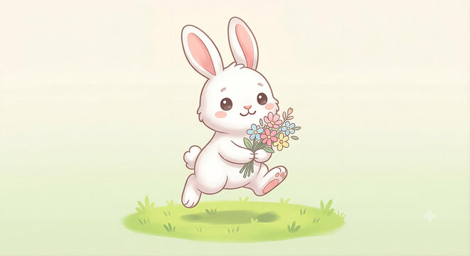 A cute white rabbit with long ears, hopping lightly across green grass; cute chibi style, soft bright colors, subtle shading, plain background, free of distracting elements.