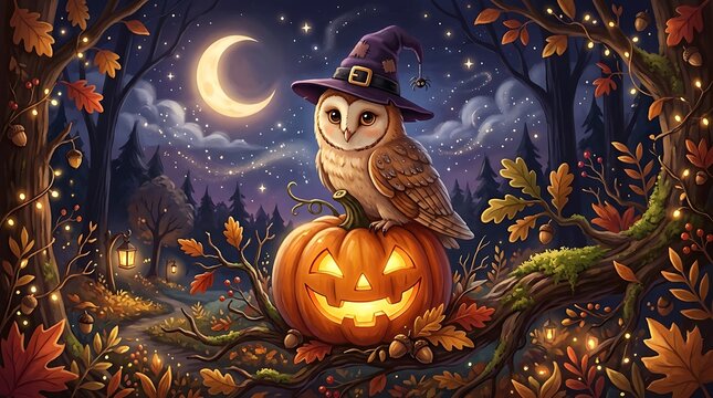 Cute owl in witch hat sitting on a glowing pumpkin at night illustration
