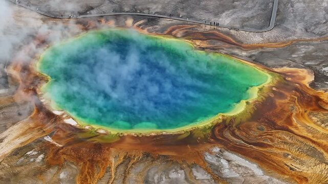 Aerial view of the geothermal hot spring scenery of the Grand Prismatic in Yellowstone National Park, USA