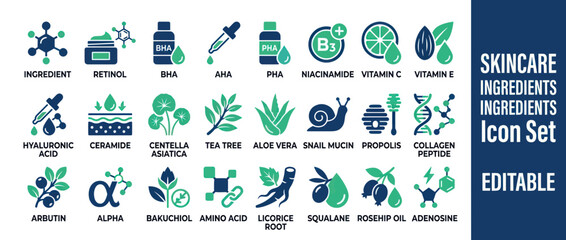 Comprehensive skincare ingredients icon set for beauty products © mamik