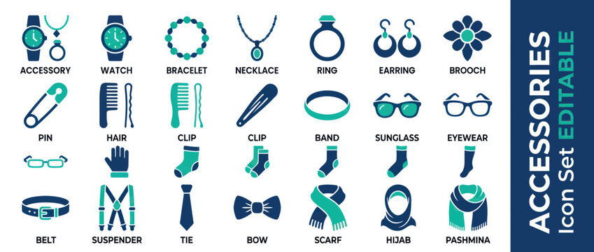 Fashion and personal accessories icon set in teal and blue