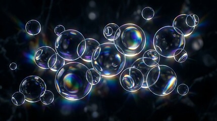 Naklejka premium Iridescent soap bubbles floating in mid-air with rainbow colors shining on their surface against a dark background on white background