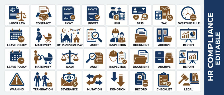 Human resources compliance and labor law icons for business management