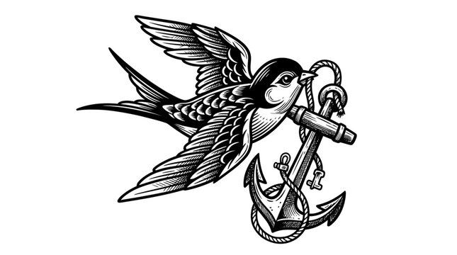 Swallow Bird Tattoo Design Holding Anchor and Rope