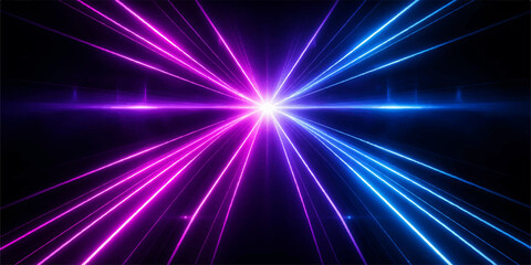 Abstract neon laser light show with pink and blue beams emanating from a central bright starburst on a dark background, creating a futuristic and energetic atmosphere. © LumenCraft