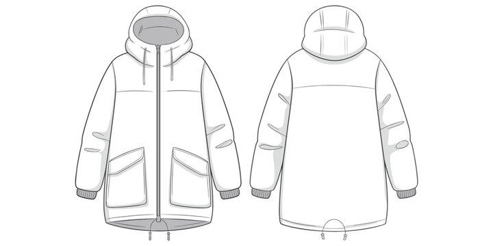 Hooded winter jacket front, back technical sketch, ribbed cuffs hem drawstring, fashion garment design, apparel construction drawing, clothing template, sewing pattern, flat vector illustration
