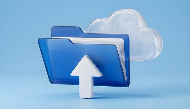 Cloud storage upload concept with blue folder and upload arrow icon