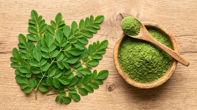 Moringa Leaf Powder Superfood Flat Lay Macro Close-Up Wood Background