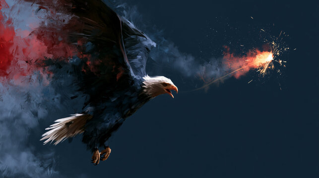 Majestic bald eagle holding an unlit patriotic sky firework rocket in its talons, celebrating the Fourth of July, dramatic wings spread, American spirit, red white and blue color theme, stars and stri