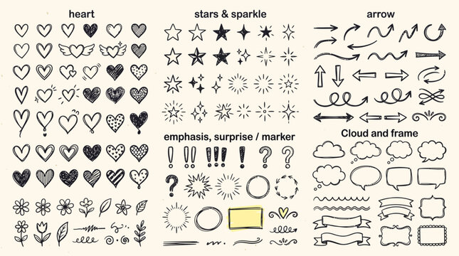 Hand Drawn Sketch Doodle Elements Hearts Stars Arrows and Frames Set