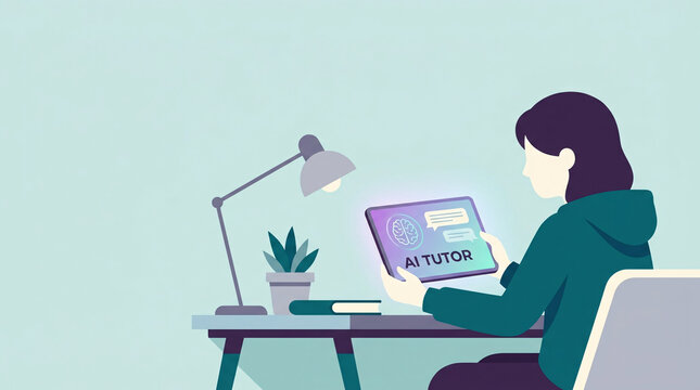 AI Tutor education concept with a person interacting with a digital tablet for online learning, symbolizing technology in education.