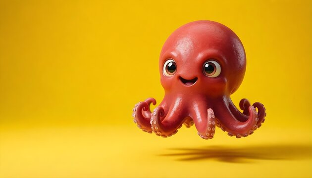 Cute cartoonish bright red octopus with big eyes and a happy smile on yellow background