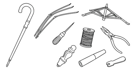 Vintage Umbrella Repair Tools Vector Set, classic parasol components, antique walking stick, sewing thread, and hand tools for restoration projects, black and white line art illustration © Asma