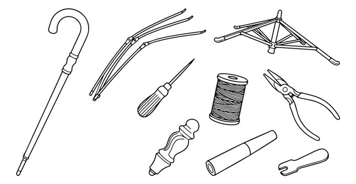 Vintage Umbrella Repair Tools Vector Set, classic parasol components, antique walking stick, sewing thread, and hand tools for restoration projects, black and white line art illustration