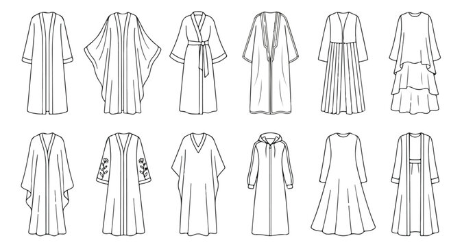 Fashionable women's kaftan dress vector collection, elegant long sleeve tunic and robe designs, stylish resort wear and modest apparel illustrations.