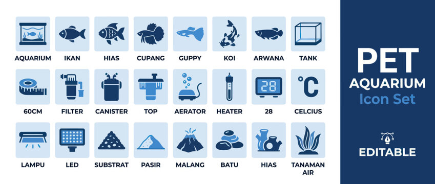 Aquarium pet care icon set with fish species and tank equipment