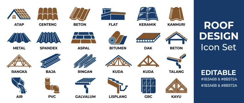 Professional roofing materials and house construction icon collection
